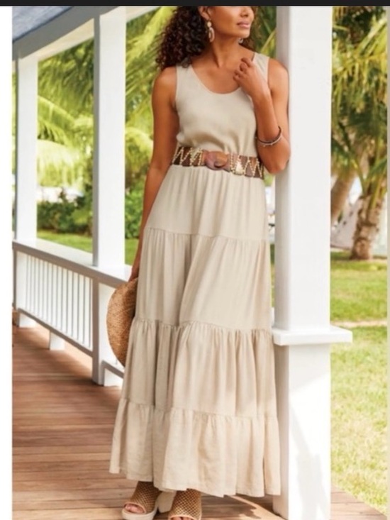 Soft Surroundings Dresses & Skirts - Soft Surroundings Linen-Blend Scoop Neck Dress Light Beige- 12 tan linen blend